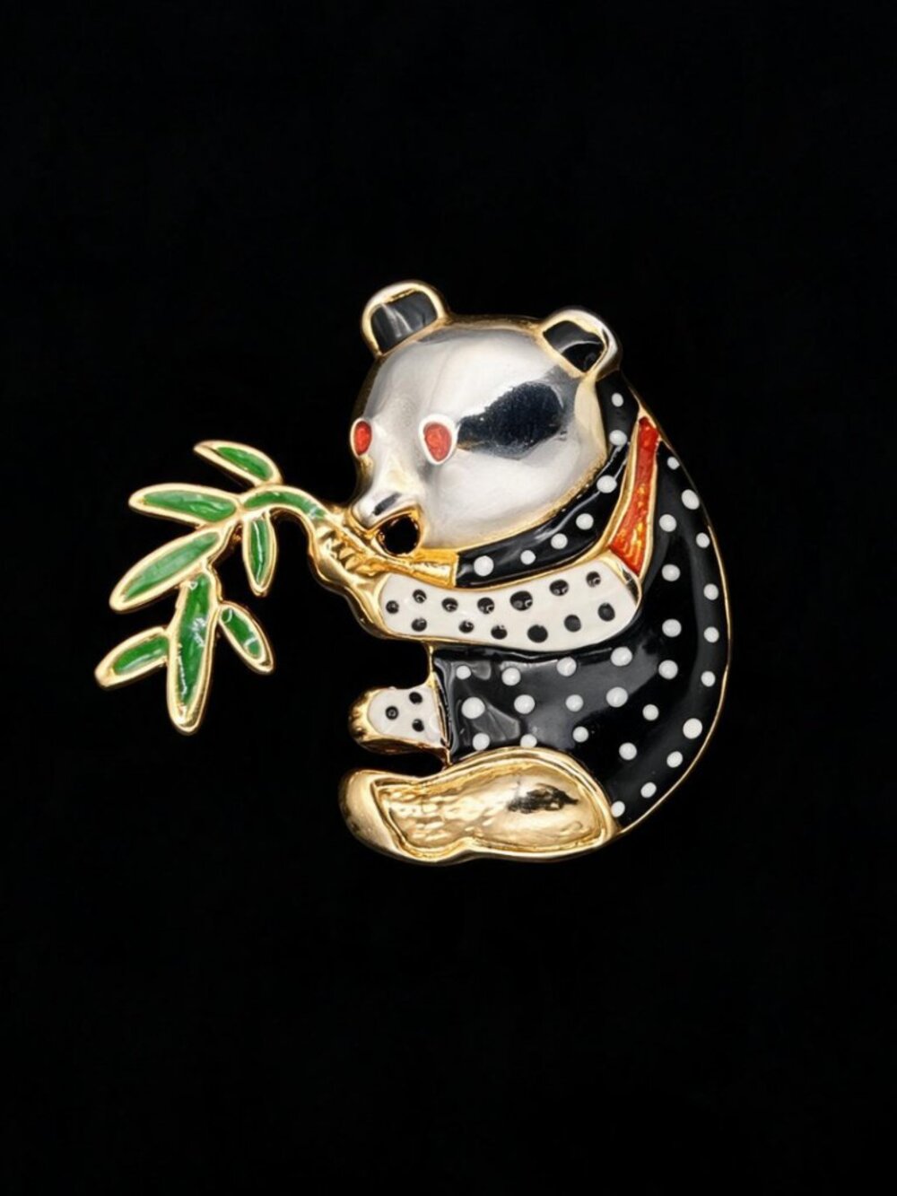 Vintage Gold-Toned Metal and Enamel Panda Brooch in Gift Box
